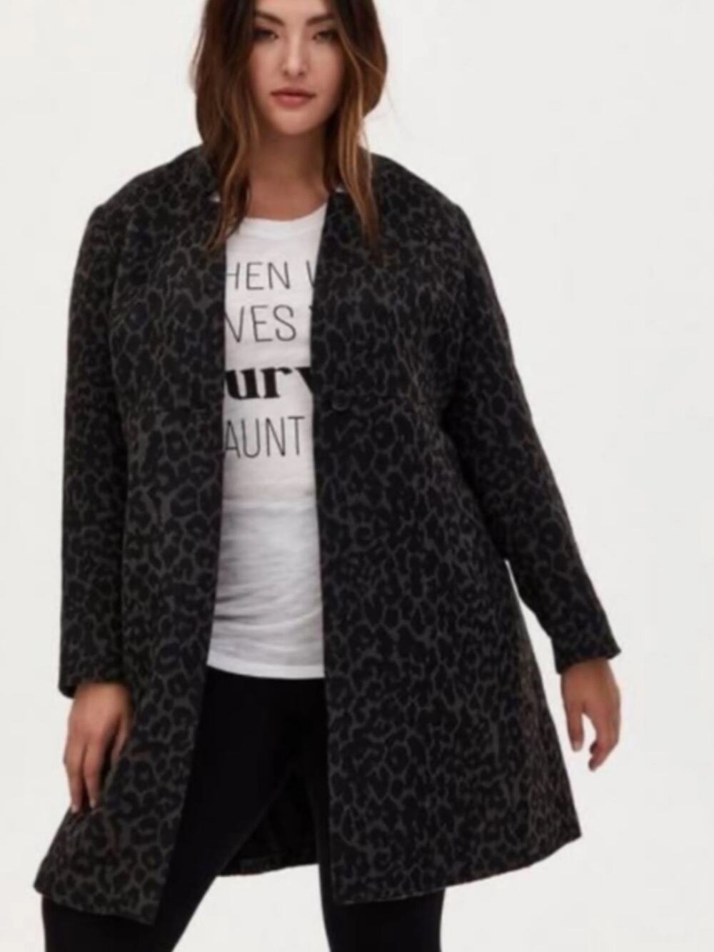 torrid Woman’s Black Charcoal Leopard-Print Pea Coat Size 4 NWT